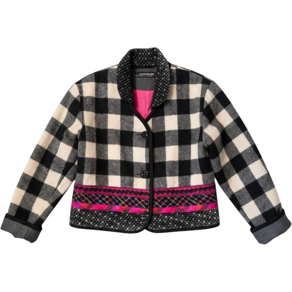 Canvasbacks Jacket M Black White Buffalo Plaid Embroidered Wool Blend Twee